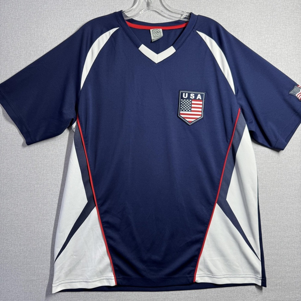 Rhinox Shirt Mens Large Blue USA‎ Flag V Neck Performance Raglan Jersey Tee Top